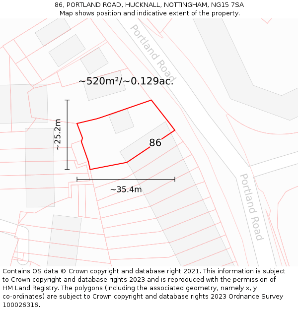 86, PORTLAND ROAD, HUCKNALL, NOTTINGHAM, NG15 7SA: Plot and title map