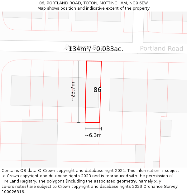 86, PORTLAND ROAD, TOTON, NOTTINGHAM, NG9 6EW: Plot and title map