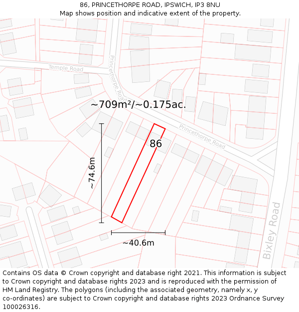 86, PRINCETHORPE ROAD, IPSWICH, IP3 8NU: Plot and title map
