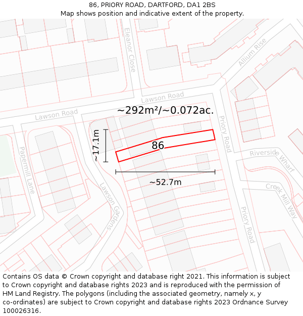 86, PRIORY ROAD, DARTFORD, DA1 2BS: Plot and title map