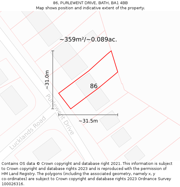 86, PURLEWENT DRIVE, BATH, BA1 4BB: Plot and title map