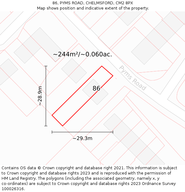 86, PYMS ROAD, CHELMSFORD, CM2 8PX: Plot and title map