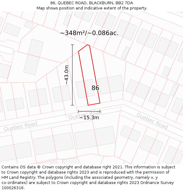 86, QUEBEC ROAD, BLACKBURN, BB2 7DA: Plot and title map
