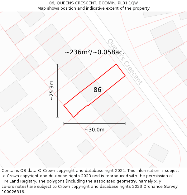 86, QUEENS CRESCENT, BODMIN, PL31 1QW: Plot and title map
