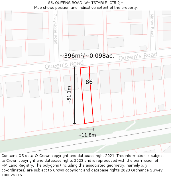 86, QUEENS ROAD, WHITSTABLE, CT5 2JH: Plot and title map