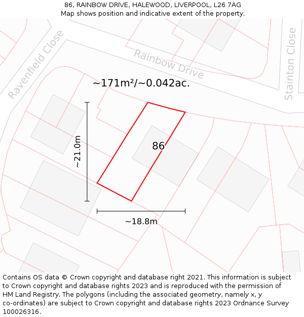 86, RAINBOW DRIVE, HALEWOOD, LIVERPOOL, L26 7AG: Plot and title map