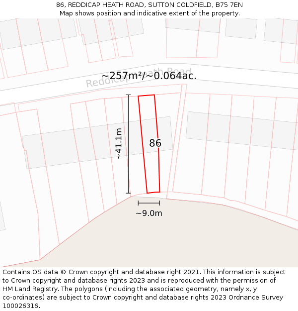 86, REDDICAP HEATH ROAD, SUTTON COLDFIELD, B75 7EN: Plot and title map