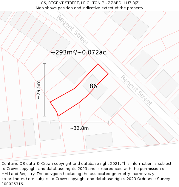 86, REGENT STREET, LEIGHTON BUZZARD, LU7 3JZ: Plot and title map