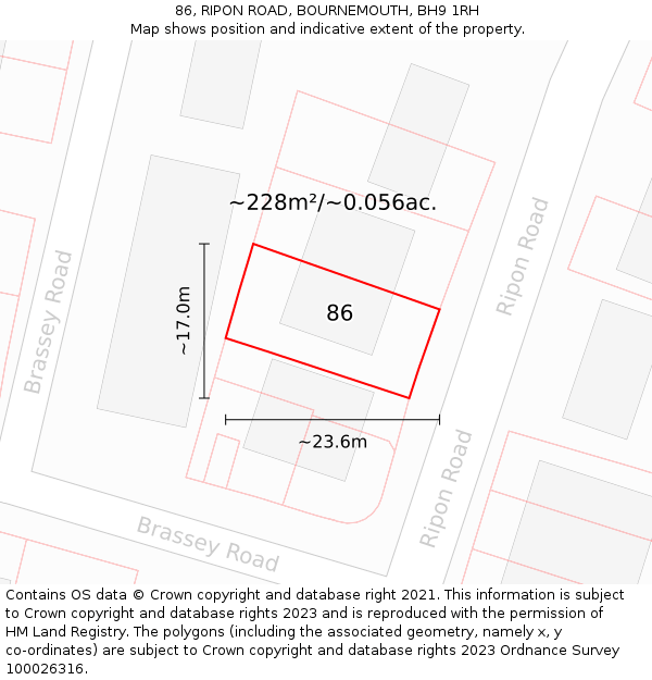 86, RIPON ROAD, BOURNEMOUTH, BH9 1RH: Plot and title map