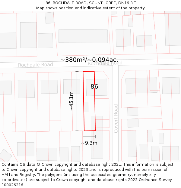 86, ROCHDALE ROAD, SCUNTHORPE, DN16 3JE: Plot and title map