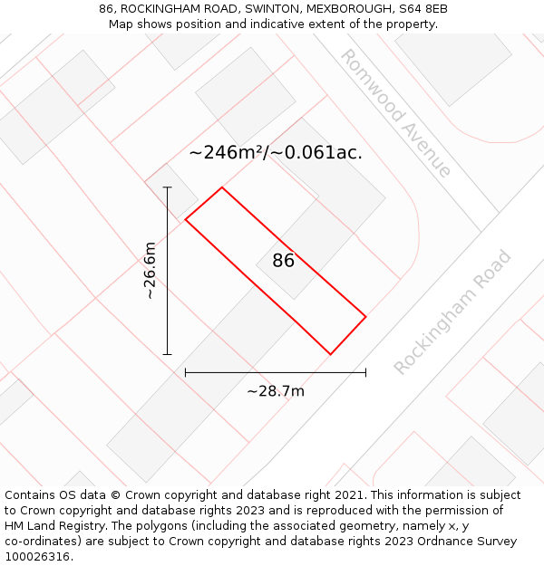 86, ROCKINGHAM ROAD, SWINTON, MEXBOROUGH, S64 8EB: Plot and title map