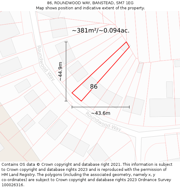 86, ROUNDWOOD WAY, BANSTEAD, SM7 1EG: Plot and title map