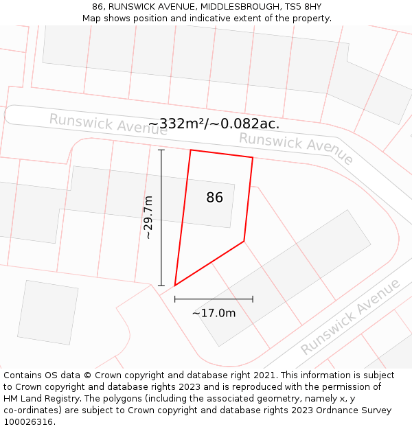 86, RUNSWICK AVENUE, MIDDLESBROUGH, TS5 8HY: Plot and title map