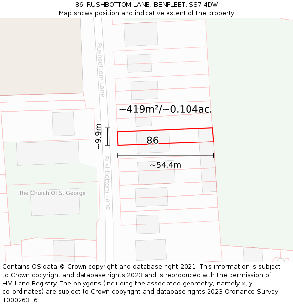 86, RUSHBOTTOM LANE, BENFLEET, SS7 4DW: Plot and title map
