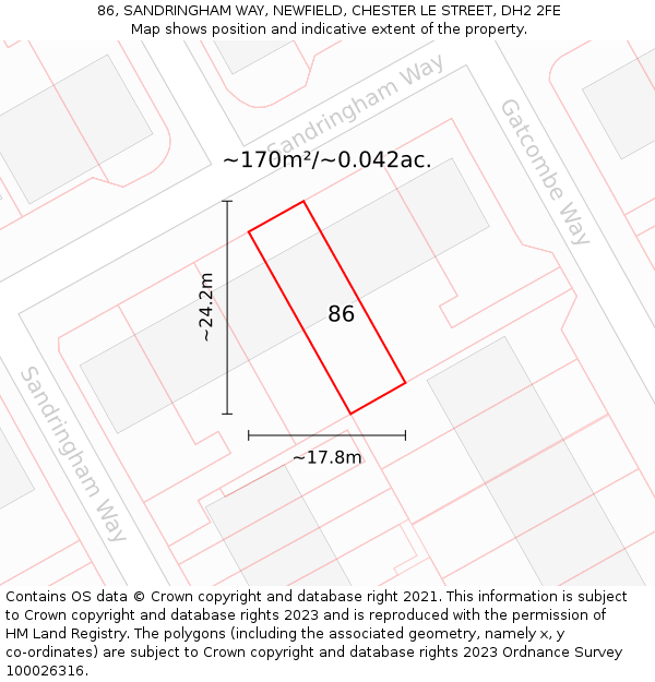 86, SANDRINGHAM WAY, NEWFIELD, CHESTER LE STREET, DH2 2FE: Plot and title map