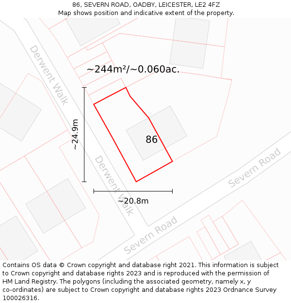 86, SEVERN ROAD, OADBY, LEICESTER, LE2 4FZ: Plot and title map