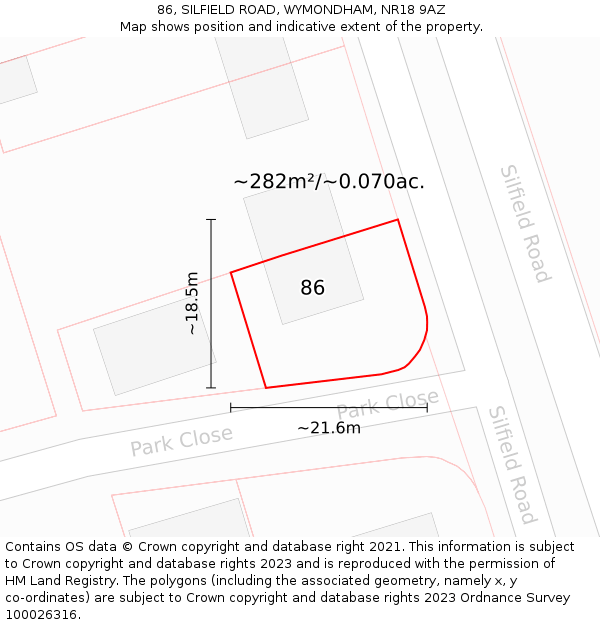 86, SILFIELD ROAD, WYMONDHAM, NR18 9AZ: Plot and title map