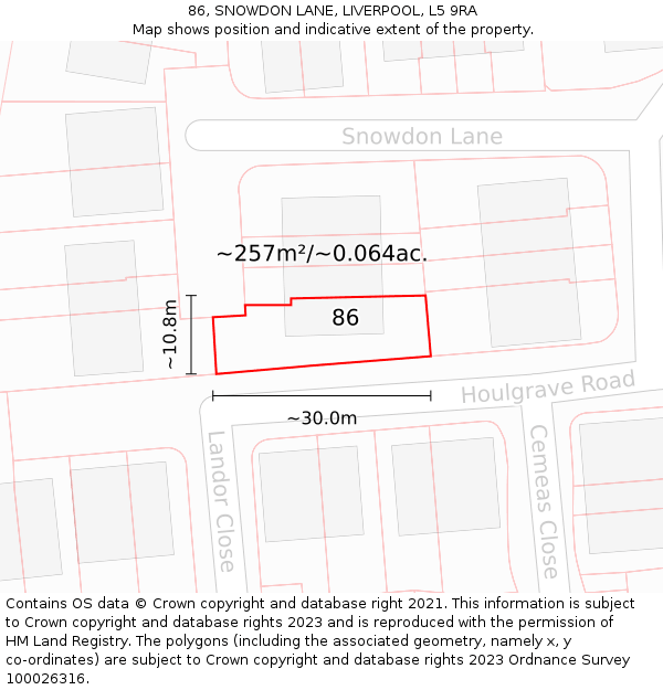 86, SNOWDON LANE, LIVERPOOL, L5 9RA: Plot and title map
