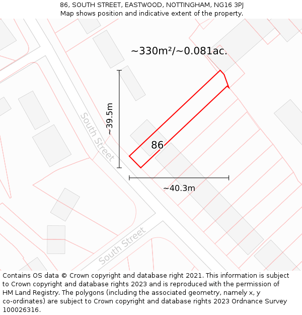 86, SOUTH STREET, EASTWOOD, NOTTINGHAM, NG16 3PJ: Plot and title map