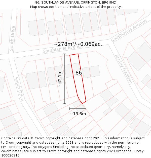 86, SOUTHLANDS AVENUE, ORPINGTON, BR6 9ND: Plot and title map