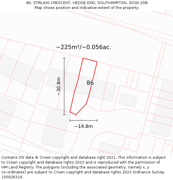 86, STIRLING CRESCENT, HEDGE END, SOUTHAMPTON, SO30 2SB: Plot and title map