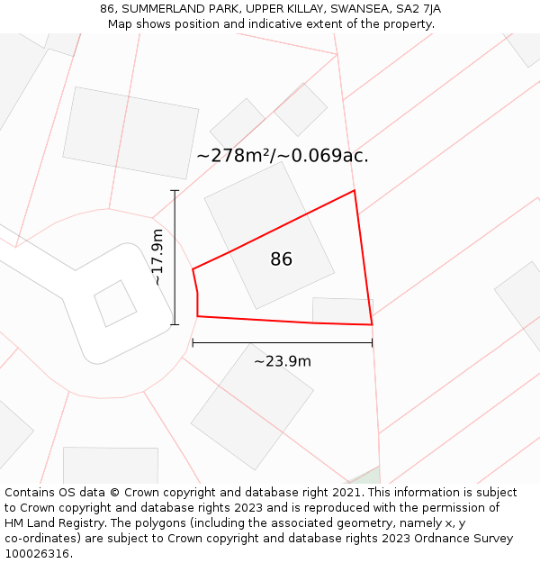 86, SUMMERLAND PARK, UPPER KILLAY, SWANSEA, SA2 7JA: Plot and title map