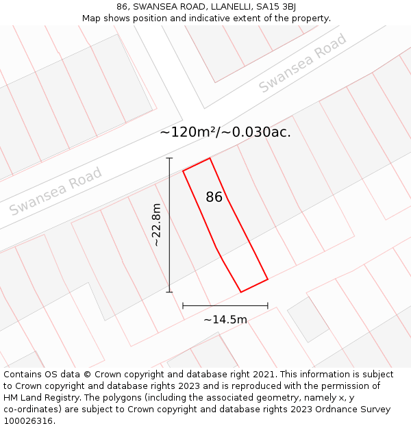 86, SWANSEA ROAD, LLANELLI, SA15 3BJ: Plot and title map
