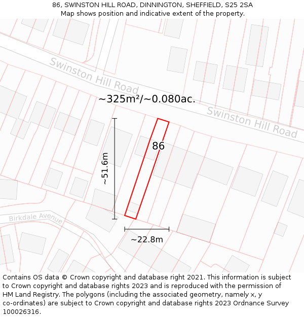 86, SWINSTON HILL ROAD, DINNINGTON, SHEFFIELD, S25 2SA: Plot and title map