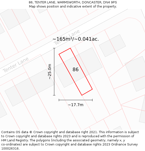 86, TENTER LANE, WARMSWORTH, DONCASTER, DN4 9PS: Plot and title map