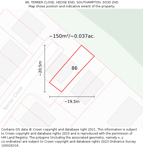 86, TERRIER CLOSE, HEDGE END, SOUTHAMPTON, SO30 2ND: Plot and title map