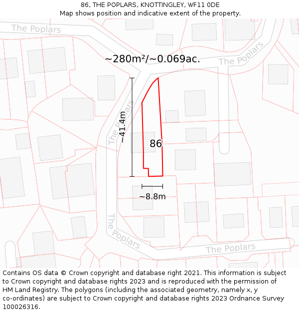 86, THE POPLARS, KNOTTINGLEY, WF11 0DE: Plot and title map