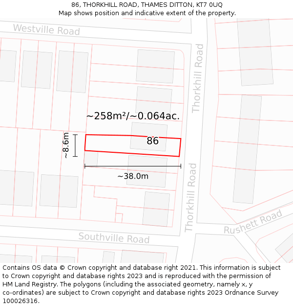 86, THORKHILL ROAD, THAMES DITTON, KT7 0UQ: Plot and title map