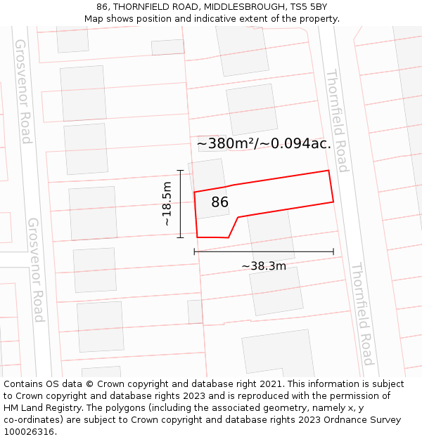 86, THORNFIELD ROAD, MIDDLESBROUGH, TS5 5BY: Plot and title map