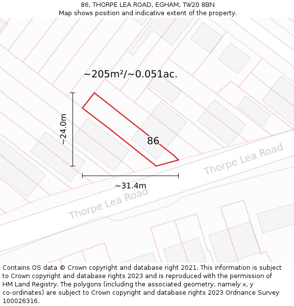 86, THORPE LEA ROAD, EGHAM, TW20 8BN: Plot and title map