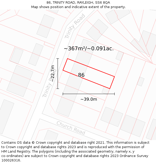 86, TRINITY ROAD, RAYLEIGH, SS6 8QA: Plot and title map