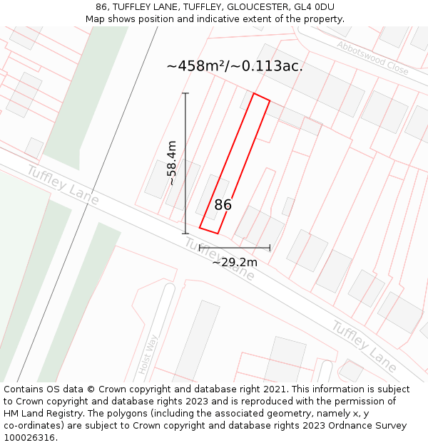 86, TUFFLEY LANE, TUFFLEY, GLOUCESTER, GL4 0DU: Plot and title map