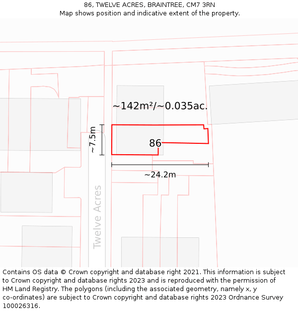 86, TWELVE ACRES, BRAINTREE, CM7 3RN: Plot and title map