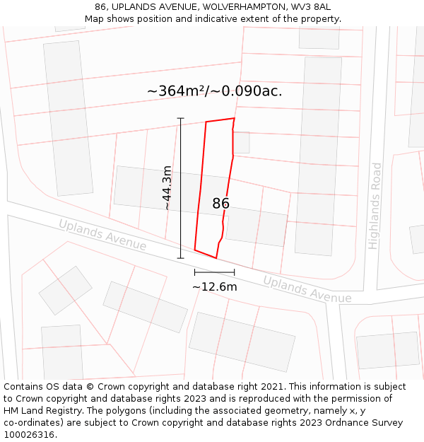86, UPLANDS AVENUE, WOLVERHAMPTON, WV3 8AL: Plot and title map