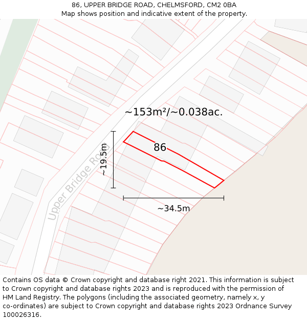 86, UPPER BRIDGE ROAD, CHELMSFORD, CM2 0BA: Plot and title map