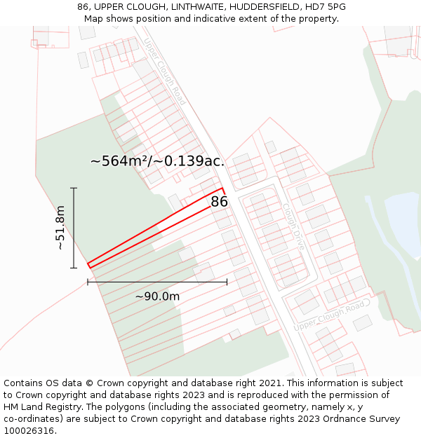 86, UPPER CLOUGH, LINTHWAITE, HUDDERSFIELD, HD7 5PG: Plot and title map