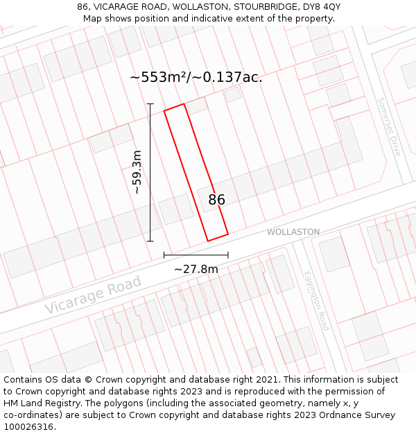 86, VICARAGE ROAD, WOLLASTON, STOURBRIDGE, DY8 4QY: Plot and title map