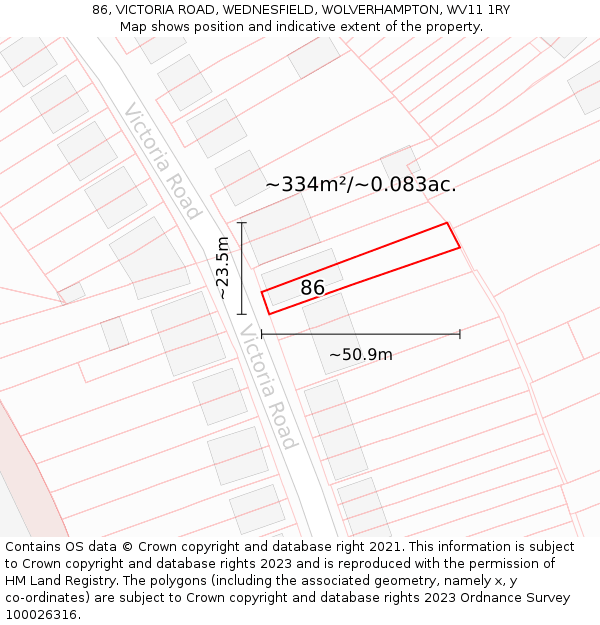 86, VICTORIA ROAD, WEDNESFIELD, WOLVERHAMPTON, WV11 1RY: Plot and title map