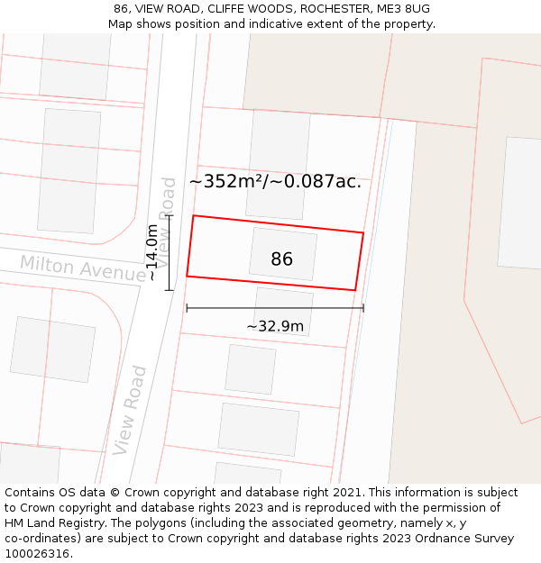 86, VIEW ROAD, CLIFFE WOODS, ROCHESTER, ME3 8UG: Plot and title map