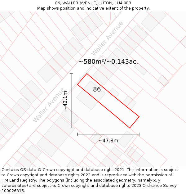 86, WALLER AVENUE, LUTON, LU4 9RR: Plot and title map
