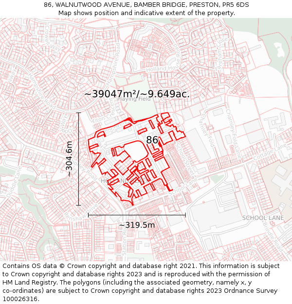 86, WALNUTWOOD AVENUE, BAMBER BRIDGE, PRESTON, PR5 6DS: Plot and title map