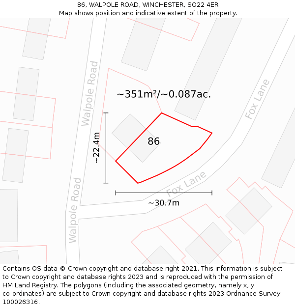 86, WALPOLE ROAD, WINCHESTER, SO22 4ER: Plot and title map