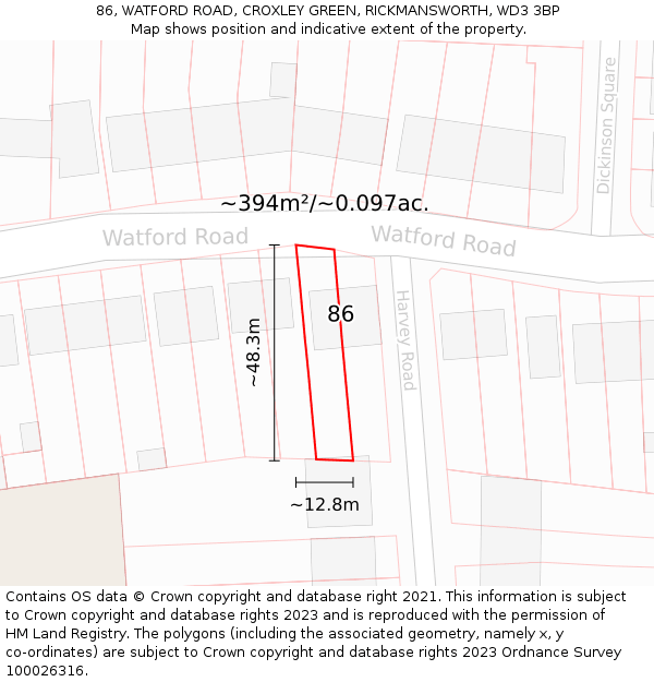 86, WATFORD ROAD, CROXLEY GREEN, RICKMANSWORTH, WD3 3BP: Plot and title map