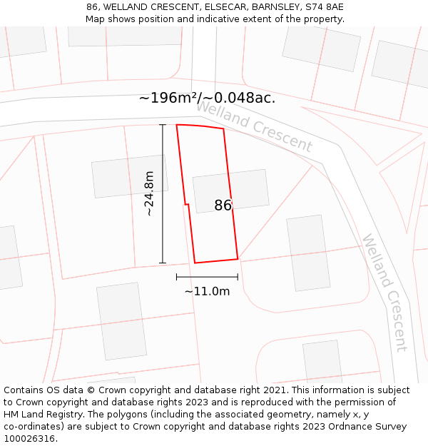 86, WELLAND CRESCENT, ELSECAR, BARNSLEY, S74 8AE: Plot and title map