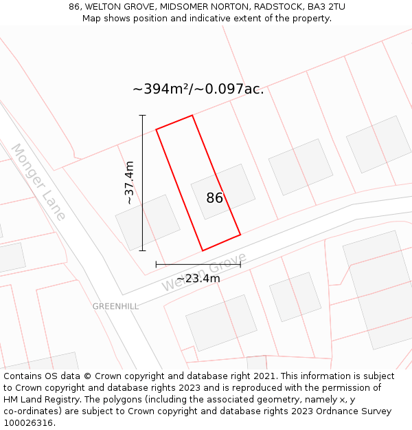 86, WELTON GROVE, MIDSOMER NORTON, RADSTOCK, BA3 2TU: Plot and title map