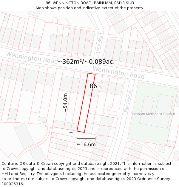 86, WENNINGTON ROAD, RAINHAM, RM13 9UB: Plot and title map